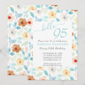 Invitation Fête des 95 ans écriture élégante florale sarcelle (Devant / Derrière)