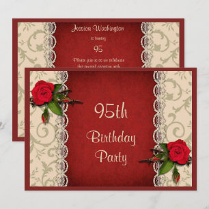 Invitation Fête des 95 ans Roses Rouges & Dentelle Blanche