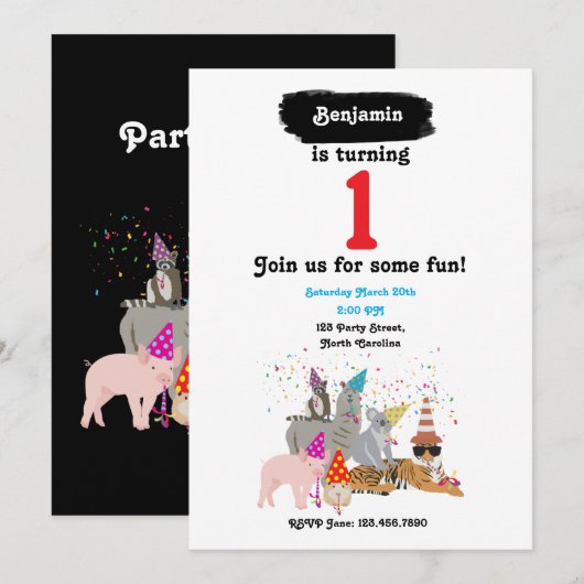 Invitation Fête des animaux - Animaux à la fête d'anniversair (Devant / Derrière)