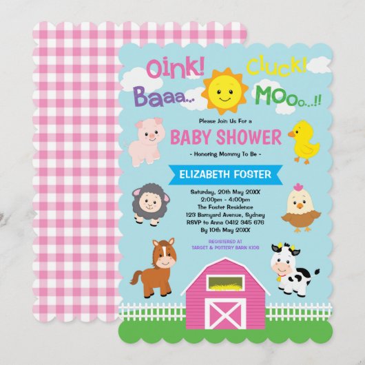 Invitation Fête des animaux de ferme roses Baby shower de Gir (Devant / Derrière)
