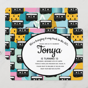 Invitation Fête des années 80 90 Rose Collage Cassette Rétros