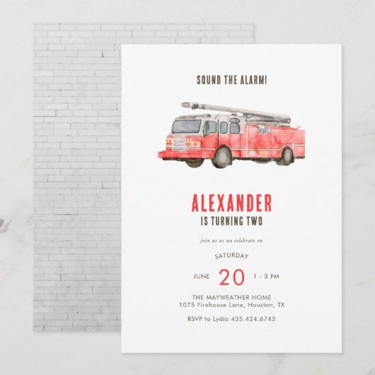 Invitation Fête des Anniversaires de enfants de camion-feu (Devant / Derrière)
