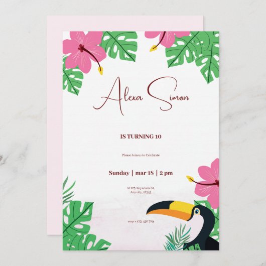 Invitation fête des anniversaires de enfants tropicaux, vert  (Devant / Derrière)