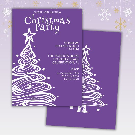 Invitation Fête des arbres de Noël violets et blancs