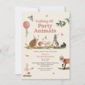 Invitation Fête des bois Animaux rose fête d'anniversaire (Devant)