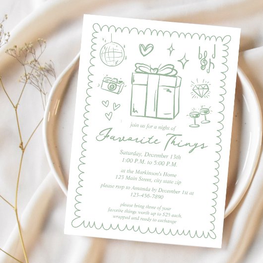 Invitation Fête des Choses Préférées Dessinées à la Main Vert
