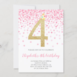 Invitation Fête des Confetti roses Gold Number Girl 4e annive
