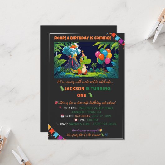 Invitation fête des dinosaures – Modifiable (Devant/Arrière en situation)