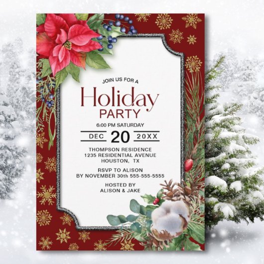 Invitation Fête des flocons de neige au poinsettia