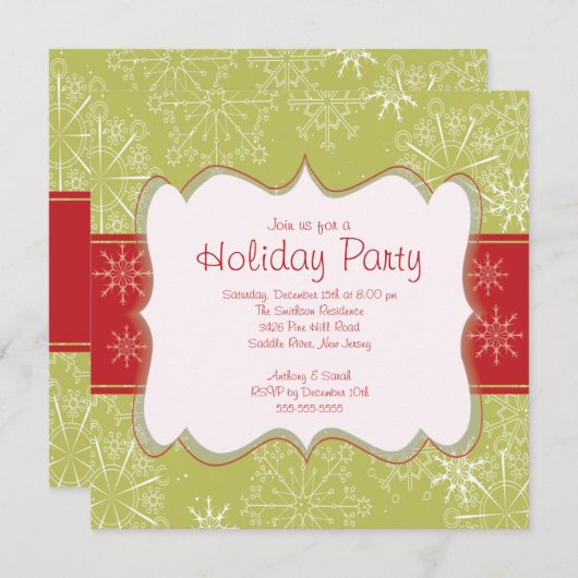 Invitation Fête des flocons verts et rouges (Devant / Derrière)