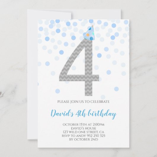 Invitation Fête des Garçons Blue Confetti 4 Anniversaire (Devant)