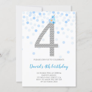 Invitation Fête des Garçons Blue Confetti 4 Anniversaire