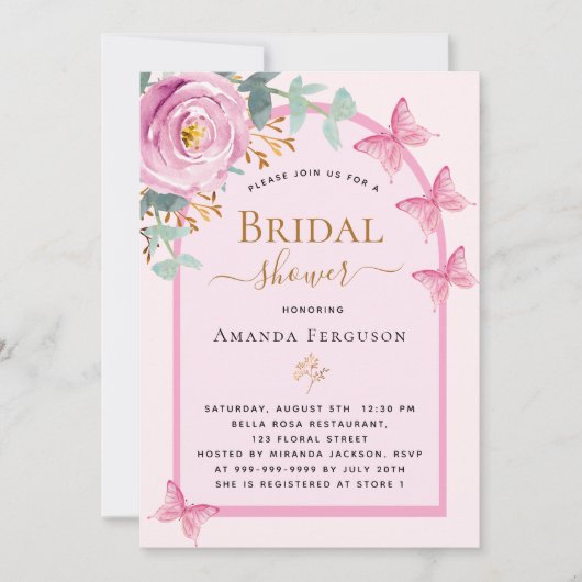 Invitation Fête des mariées à arc fleuri rose papillon (Devant)