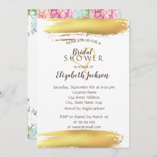 Invitation Fête des mariées à brosse or Fleurs (Devant / Derrière)