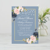 Invitation Fête des mariées à cordes florales bleu foncé (Debout devant)