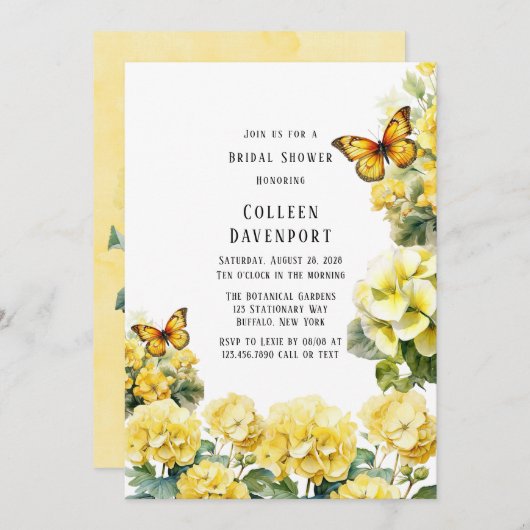 Invitation Fête des mariées à papillon jaune chic Hydrangea (Devant / Derrière)