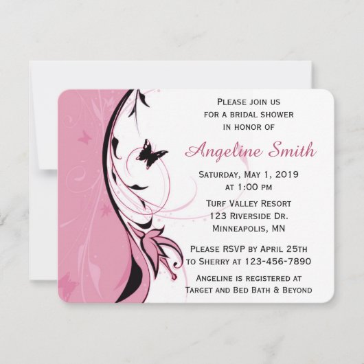 Invitation Fête des mariées à papillon rose blanc (Devant)