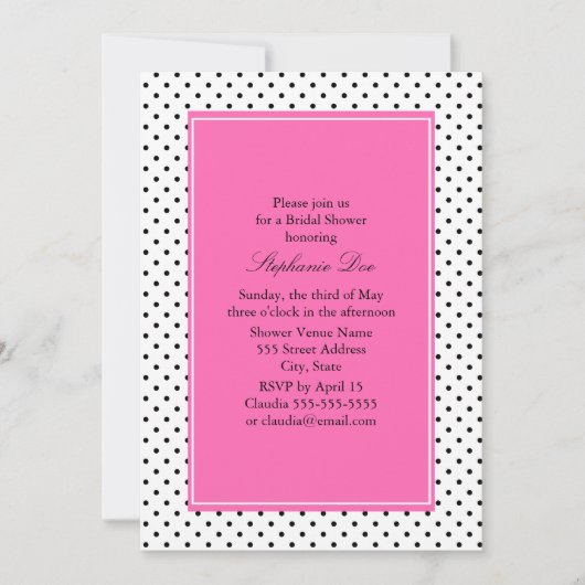 Invitation Fête des mariées à points Polka Noir, Blanc et Ros (Devant)