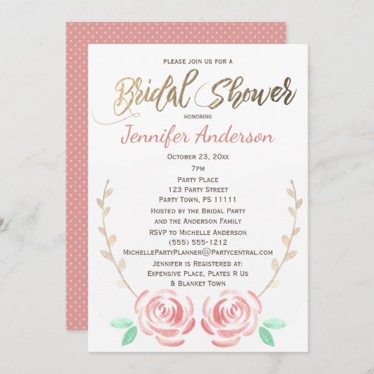 Invitation Fête des mariées à points Polka Vine Or Rose simpl (Devant / Derrière)