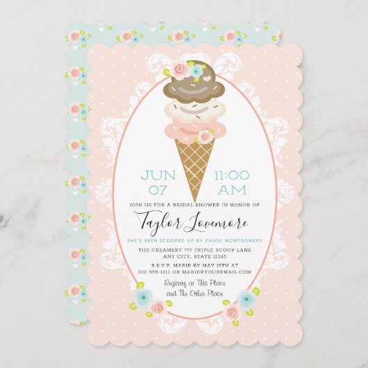 Invitation Fête des mariées à thème à la crème glacée florale (Devant / Derrière)