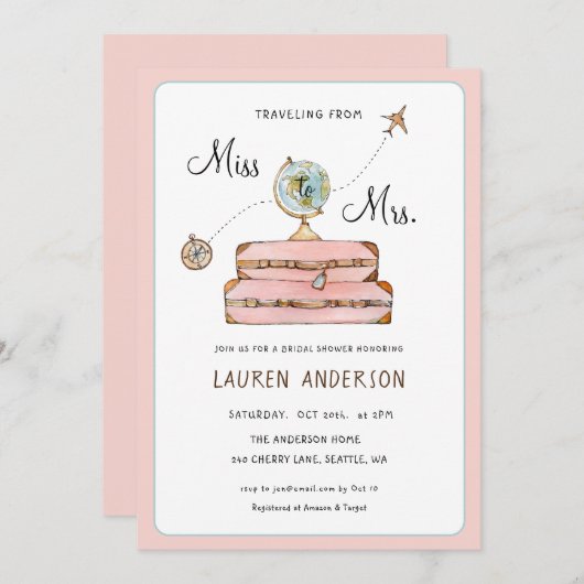 Invitation Fête des mariées à thème de voyage (Devant / Derrière)