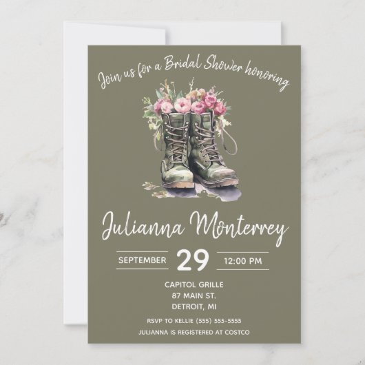 Invitation Fête des mariées À Thème Militaire, Bottes, Floral (Devant)