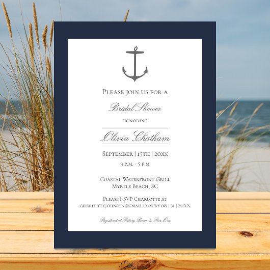 Invitation Fête des mariées Ancre simple | Bleu Marine