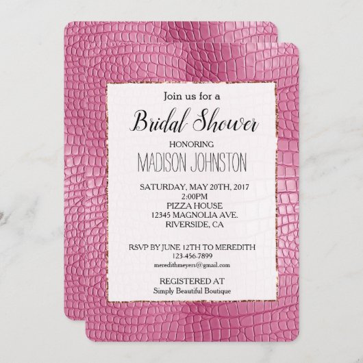 Invitation Fête des mariées animale rose Faux Alligator (Devant / Derrière)