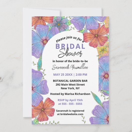 Invitation Fête des mariées animée de floraison de Boho viole (Devant)