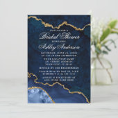 Invitation Fête des mariées Aquarelle Bleu Marbre Or Géode (Debout devant)