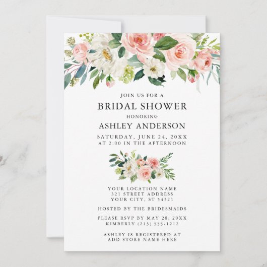 Invitation Fête des mariées Aquarelle Floral rose Blush Éléga (Devant)