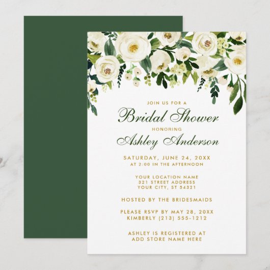 Invitation Fête des mariées Aquarelle Floral Vert Or Invitati (Devant / Derrière)