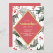Invitation Fête des mariées Aquarelle Holly Noël (Devant / Derrière)