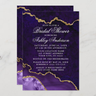 Invitation Fête des mariées Aquarelle Purple Gold Marble Geod
