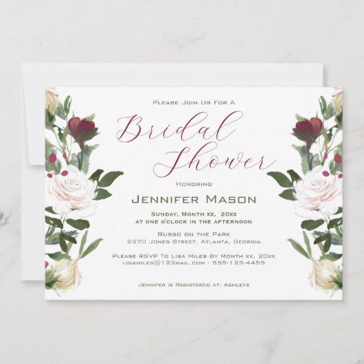 Invitation Fête des mariées Aquarelle Roses blanches Canneber (Devant)