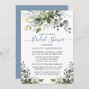 Invitation Fête des mariées Aquarelle Verdure Dusty Blue