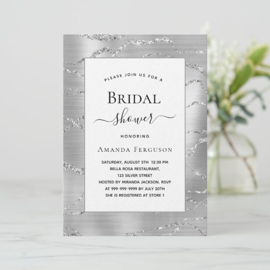 Invitation Fête des mariées argent blanc glamour luxe (Debout devant)