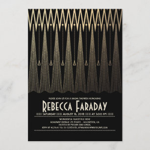 Invitation Fête des mariées Art Déco Gatsby Noir et Or