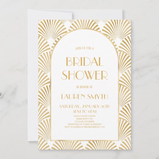 Invitation Fête des mariées Art Déco Géométrique Blanc Or (Devant)