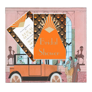 Invitation Fête des mariées Art déco Orange Black Gold Vintag