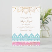 Invitation Fête des mariées au henné indien rose or (Debout devant)