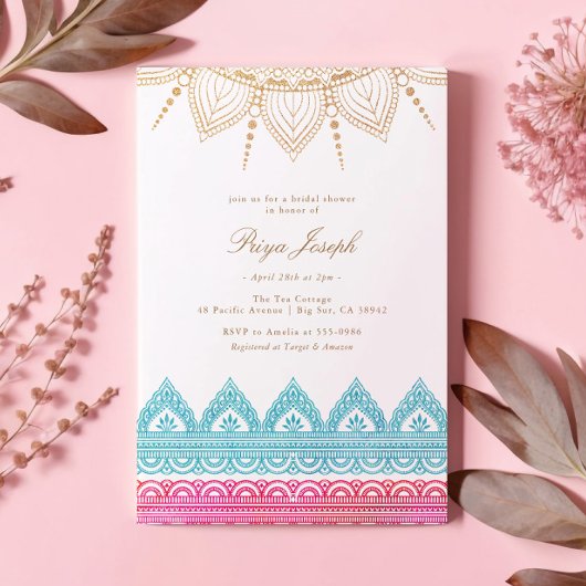 Invitation Fête des mariées au henné indien rose or