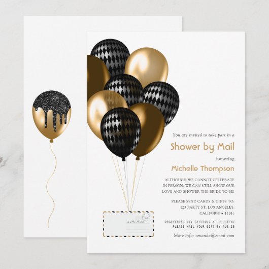 Invitation Fête des mariées Black and Gold Balloons par courr (Devant / Derrière)