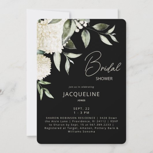 Invitation Fête des mariées Black & Cream White Hydrangeas (Devant)