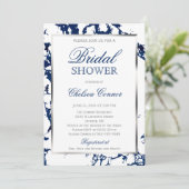 Invitation Fête des mariées - Blanc, Marbre Bleu Marine & Arg (Debout devant)