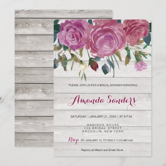 Invitation Fête des mariées blanc roses fleuris (Devant / Derrière)