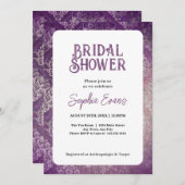 Invitation Fête des mariées blanche pourpre et argent damassé (Devant / Derrière)