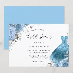 Invitation Fête des mariées bleu Aqua Argent Robe & Fleurs