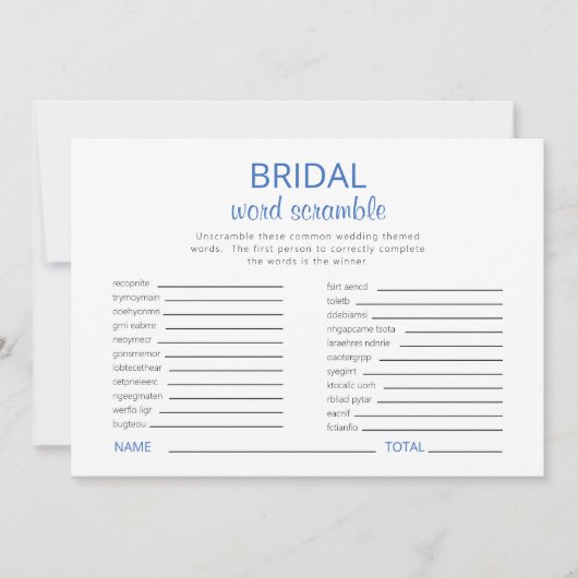Invitation Fête des mariées Bleu & Blanc Mot Scramble Jeu II (Devant)