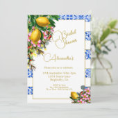 Invitation Fête des mariées Bleu Blancs Citrons Floral (Debout devant)